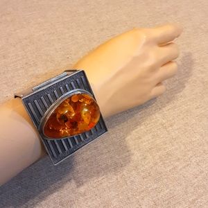 Vintage 70s Modern Amber Sterling Silver Bracelet